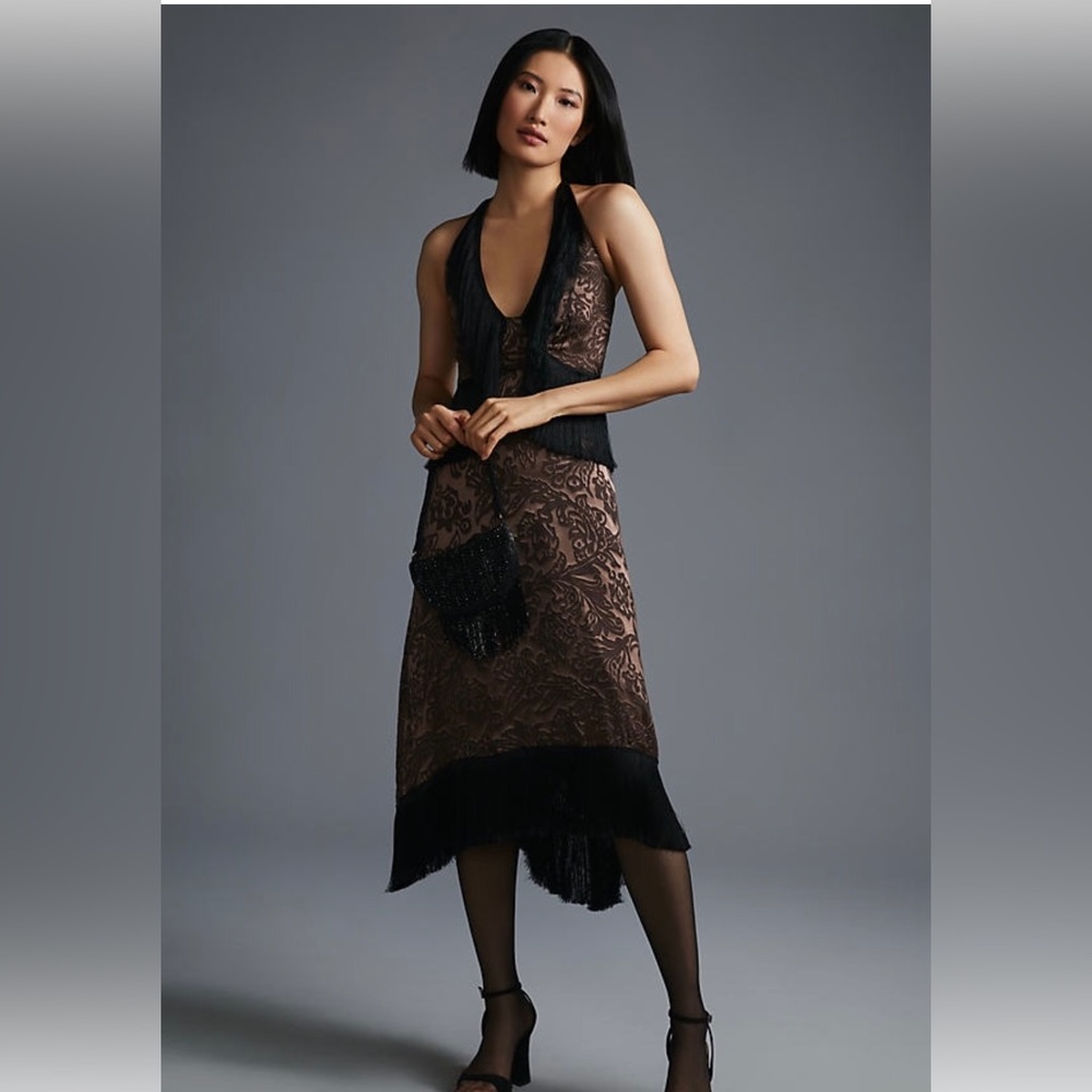 By Anthropologie Fringed Velvet Halter Dress